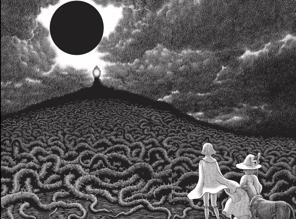 Two people standing at the foot of an abnormal-looking mountain with an eclipse in the sky.