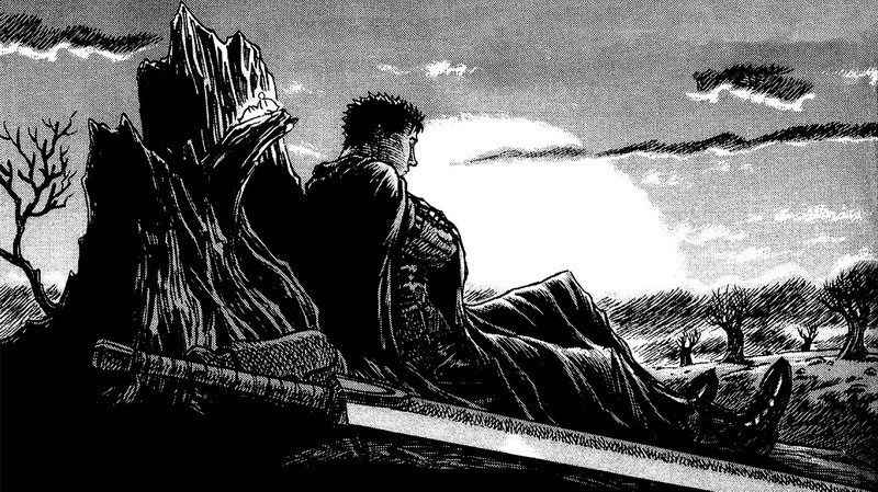 Image of Guts sitting with his back against the scenery and his sword beside him.