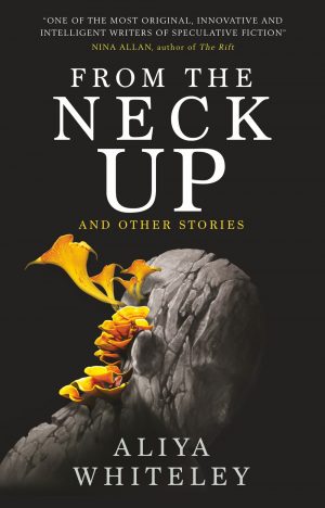 Book cover featuring a wooden head with mushrooms growing out of it