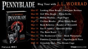 Banner showing the front cover of Pennyblade and blog tour dates and blogs