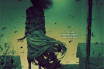 Woman in a tattered dress floating near rooftops with birds flying in an eerie green sky.